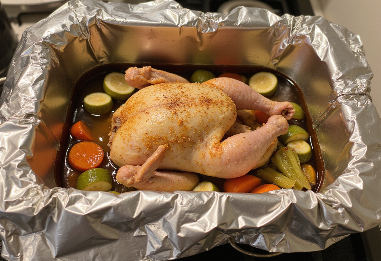 Poulet et légumes dans un plat à rôtir prêts à être cuits dans la préparation de la recette du Poulet Au Four.