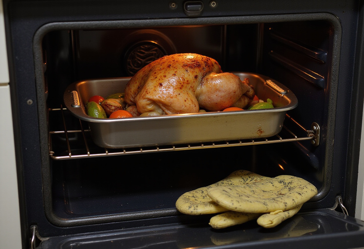 Plat avec Poulet Au Four placé au four pour la cuisson.