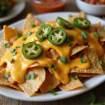 Nachos garnis de sauce cheddar délicieuse, parfaits pour une soirée.