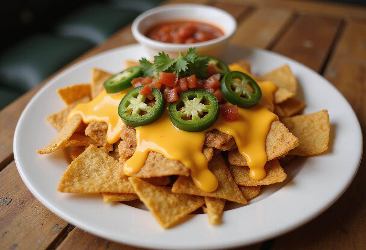 Nachos garnis de sauce cheddar délicieuse, parfaits pour une soirée.
