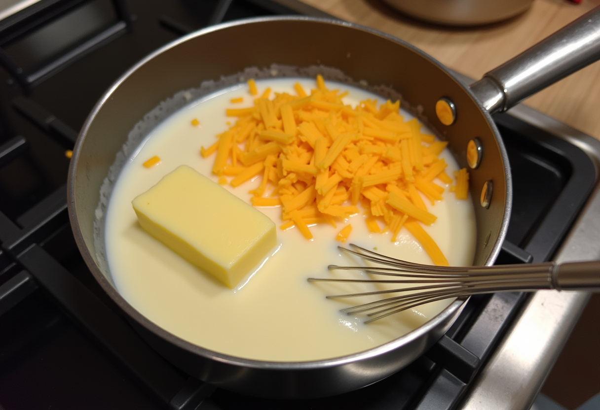Mélange de fromage cheddar râpé, lait et beurre dans une casserole pour préparer la sauce cheddar.