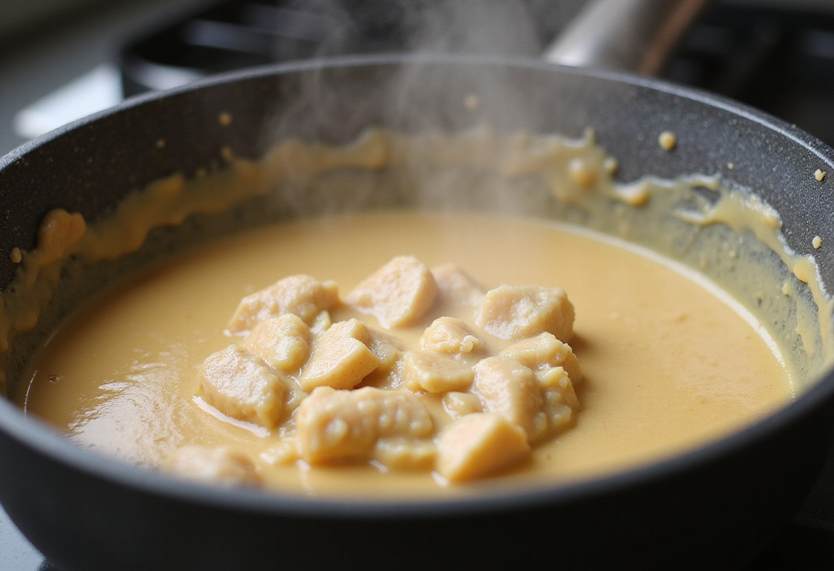 Fondue de fromage cheddar en cours de fusion pour une sauce crémeuse.