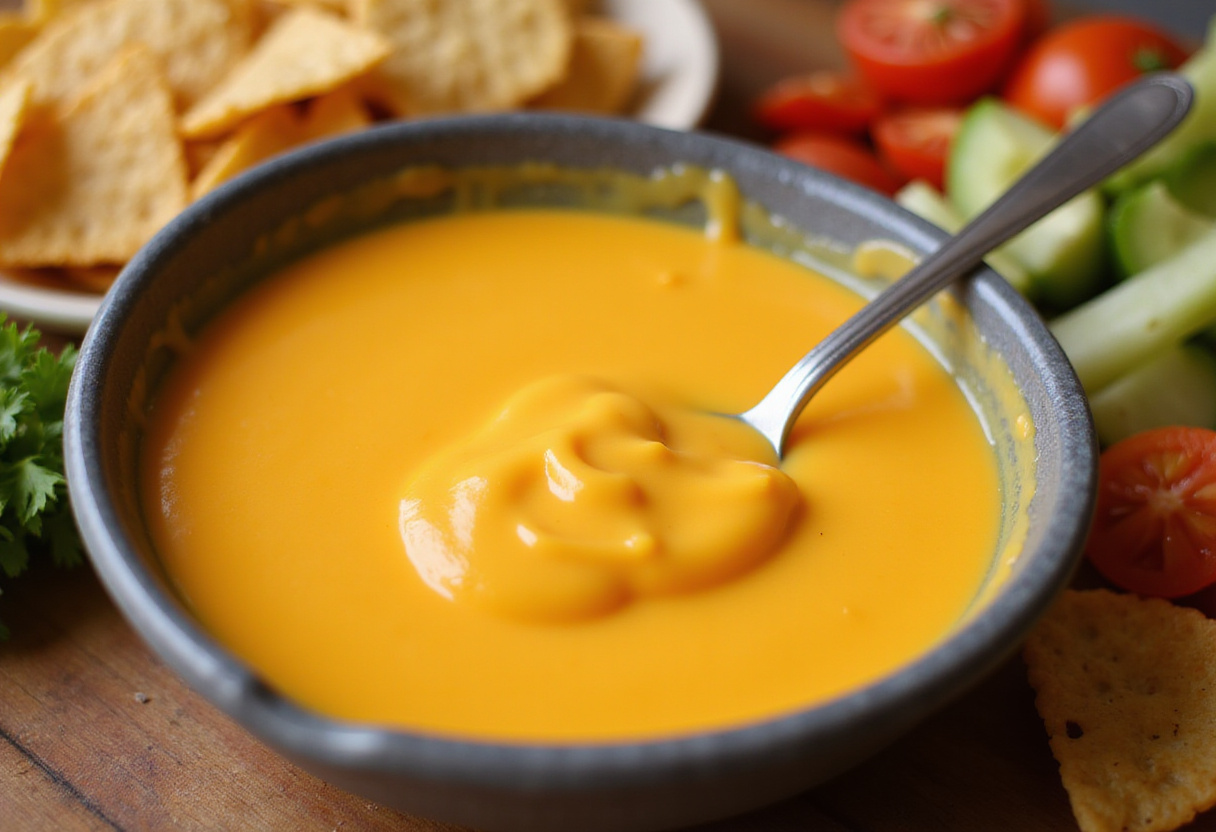 Bol de sauce cheddar lisse prêt à être servi avec des collations variées.