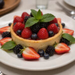 Tarte Au Fromage finie, décorée de baies fraîches, prête à servir.