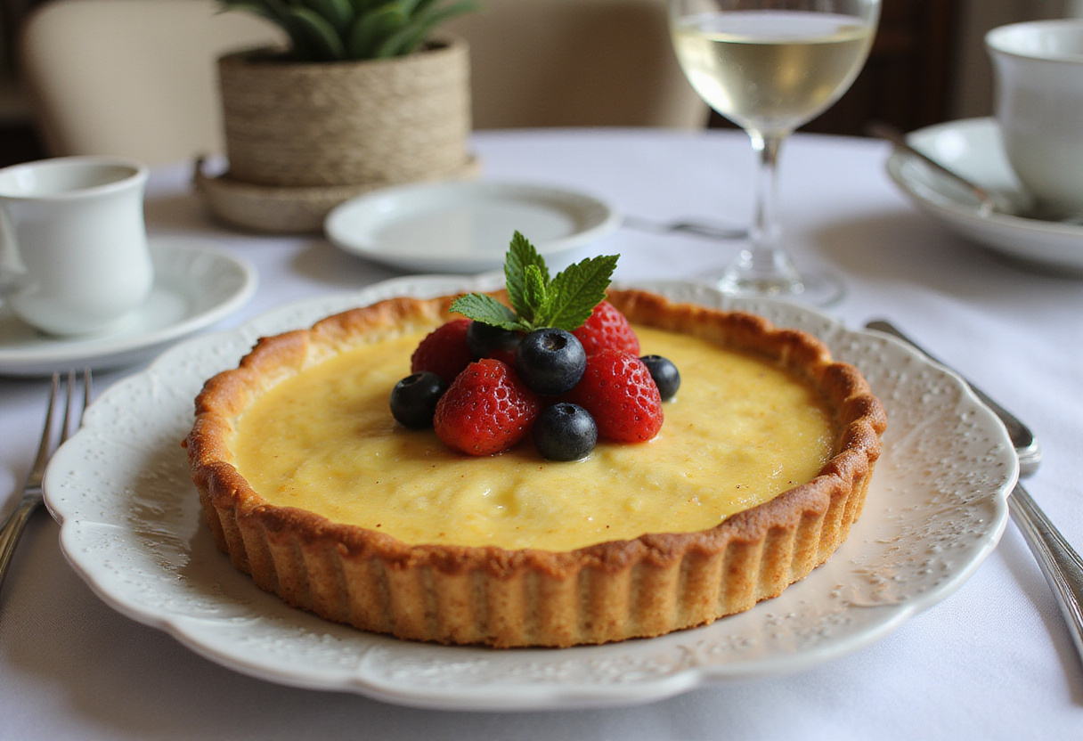 Tarte Au Fromage finie, décorée de baies fraîches, prête à servir.
