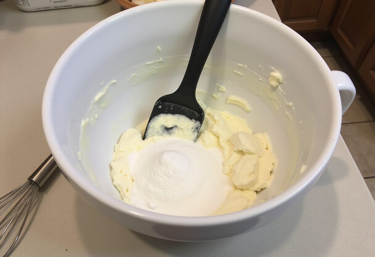 Mélange de fromage à la crème et de sucre dans un bol pour la préparation de la Tarte Au Fromage.