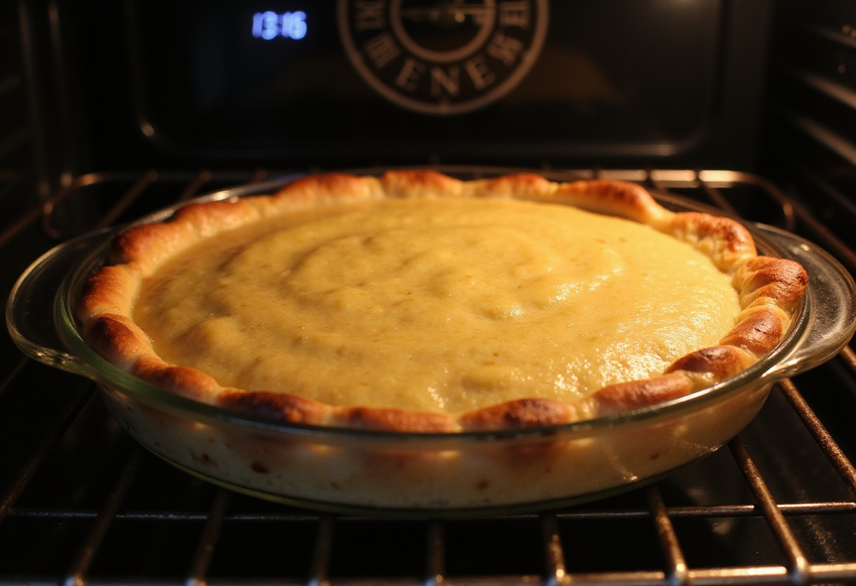 Tarte Au Fromage cuisant au four, avec des bords dorés.