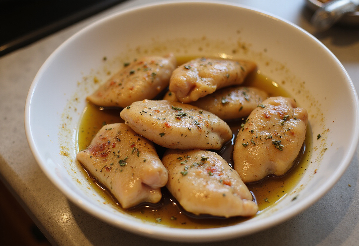 Aiguillette de poulet marinée dans un mélange d'huile d'olive, ail et herbes.