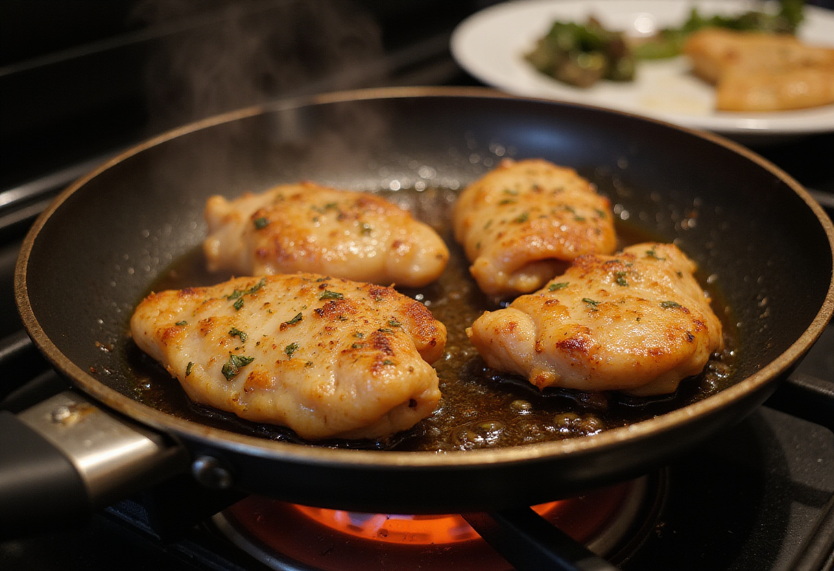 Aiguillettes de poulet en train de cuire dans une poêle, aromatisées avec des herbes.