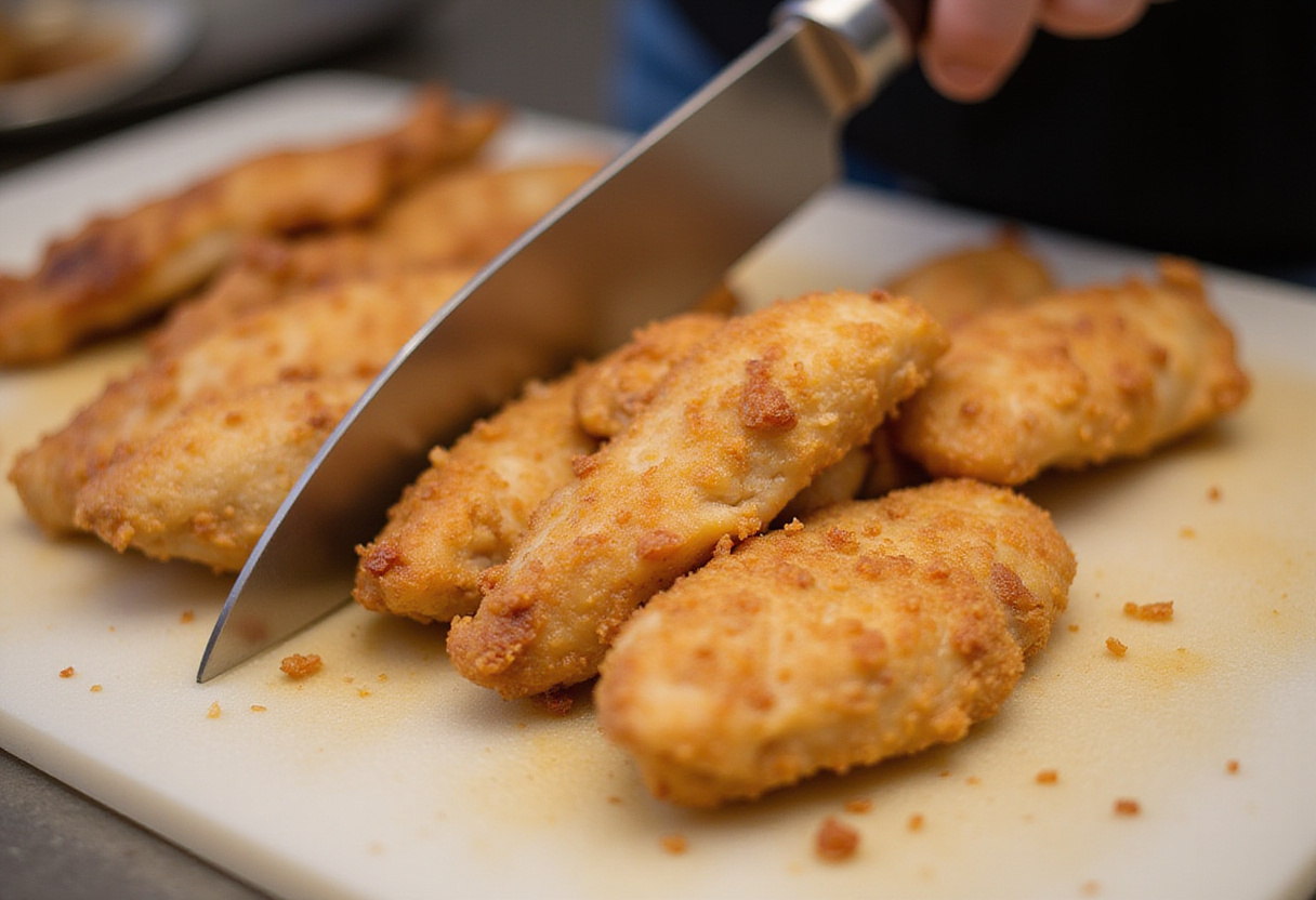 Aiguillette de poulet bien cuite tranchée sur une planche à découper.