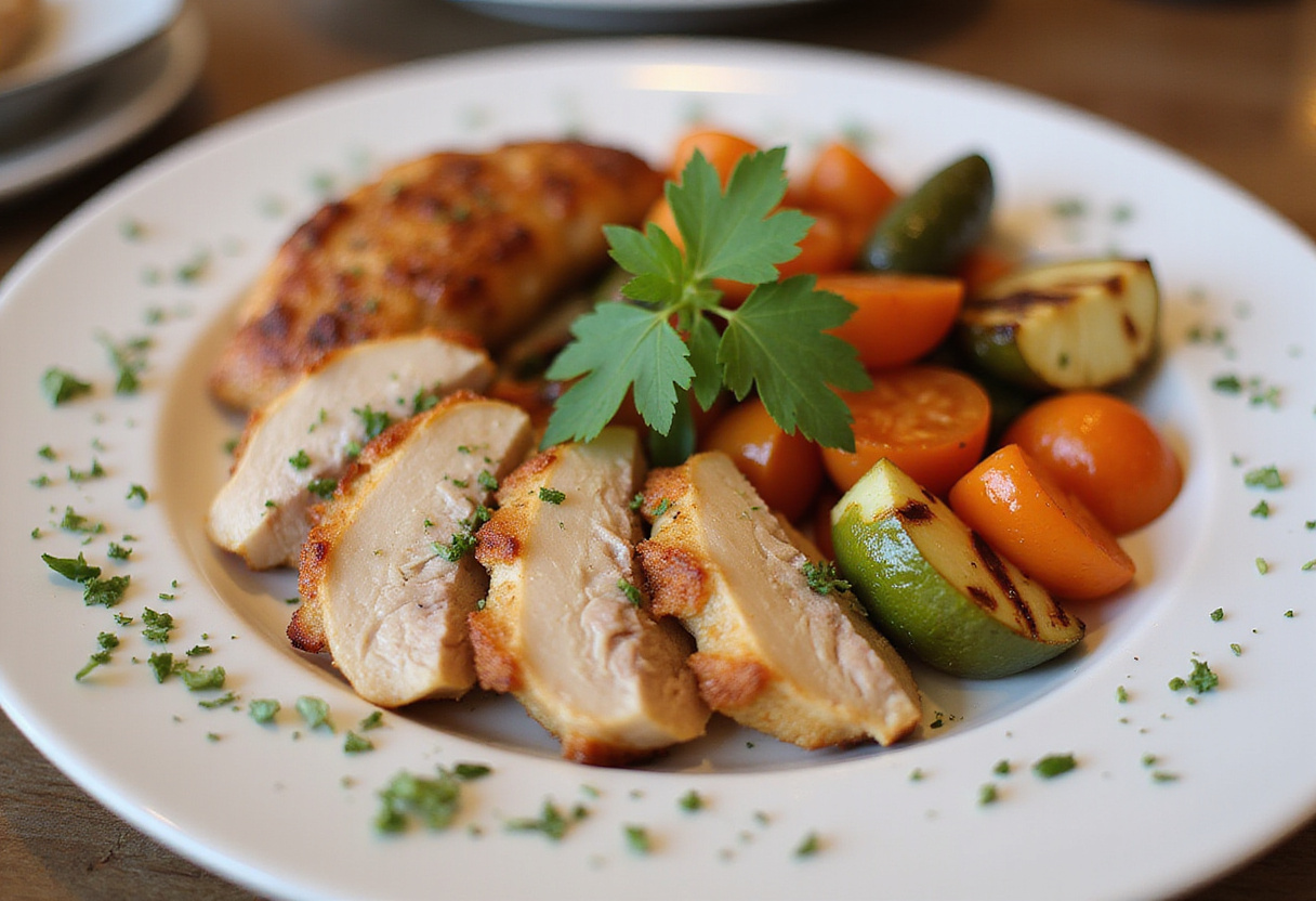 Aiguillette de poulet tranchée servie avec des légumes grillés.