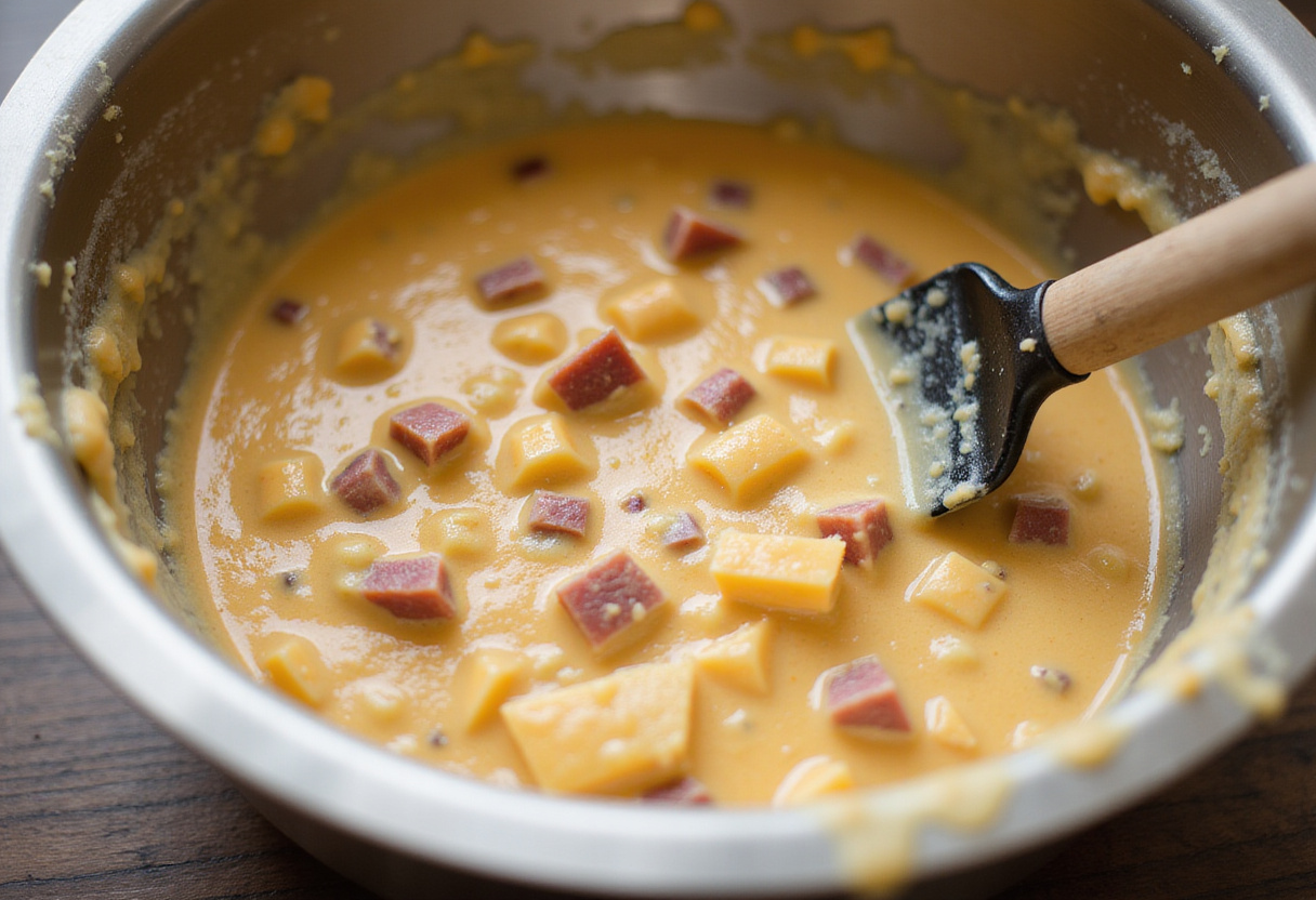 Mélange de pâte pour le Cake Jambon Fromage avec des morceaux de jambon et de fromage.