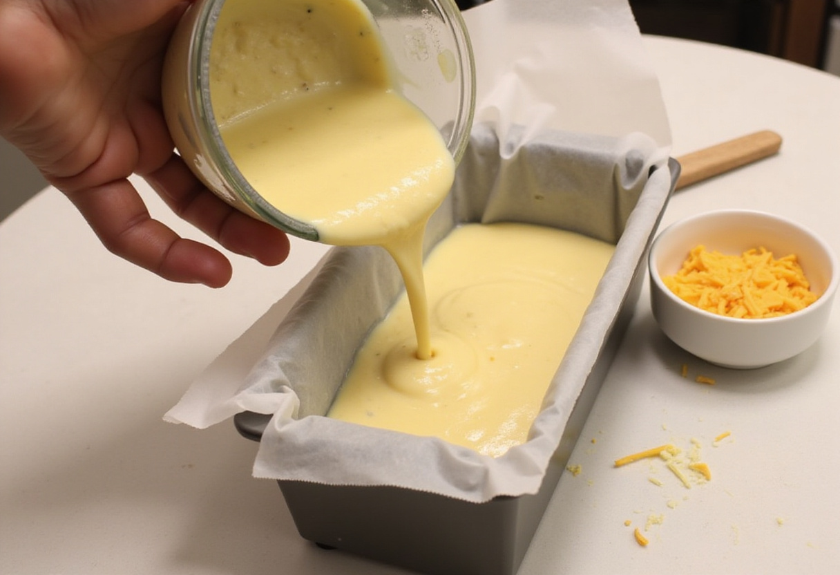Pâte pour le Cake Jambon Fromage versée dans un moule à cake avec du fromage prêt à être ajouté.