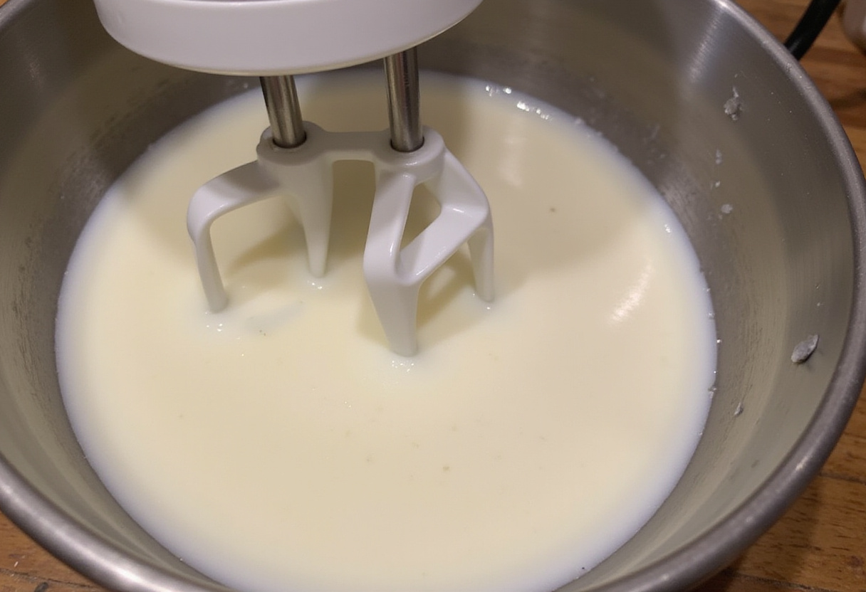 Whipping egg whites to soft peaks for Gâteau Au Fromage Blanc recipe.