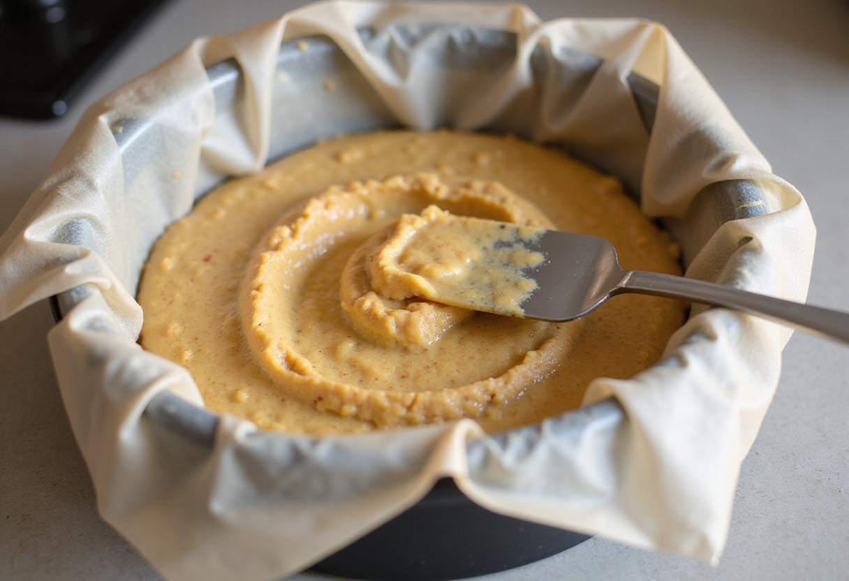 Filling the cake pan with Gâteau Au Fromage Blanc mixture before baking.