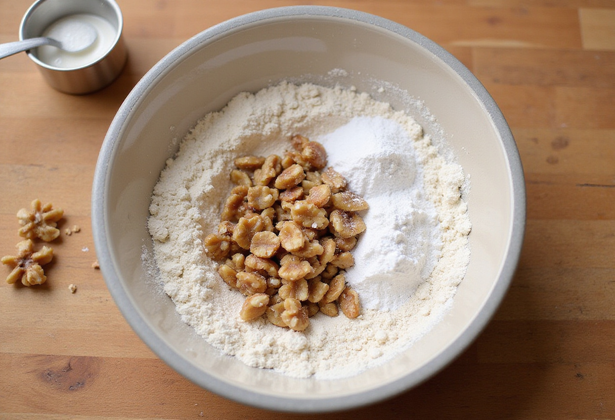 Mélange de noix hachées, farine, sucre et poudre à lever pour le gâteau aux noix.