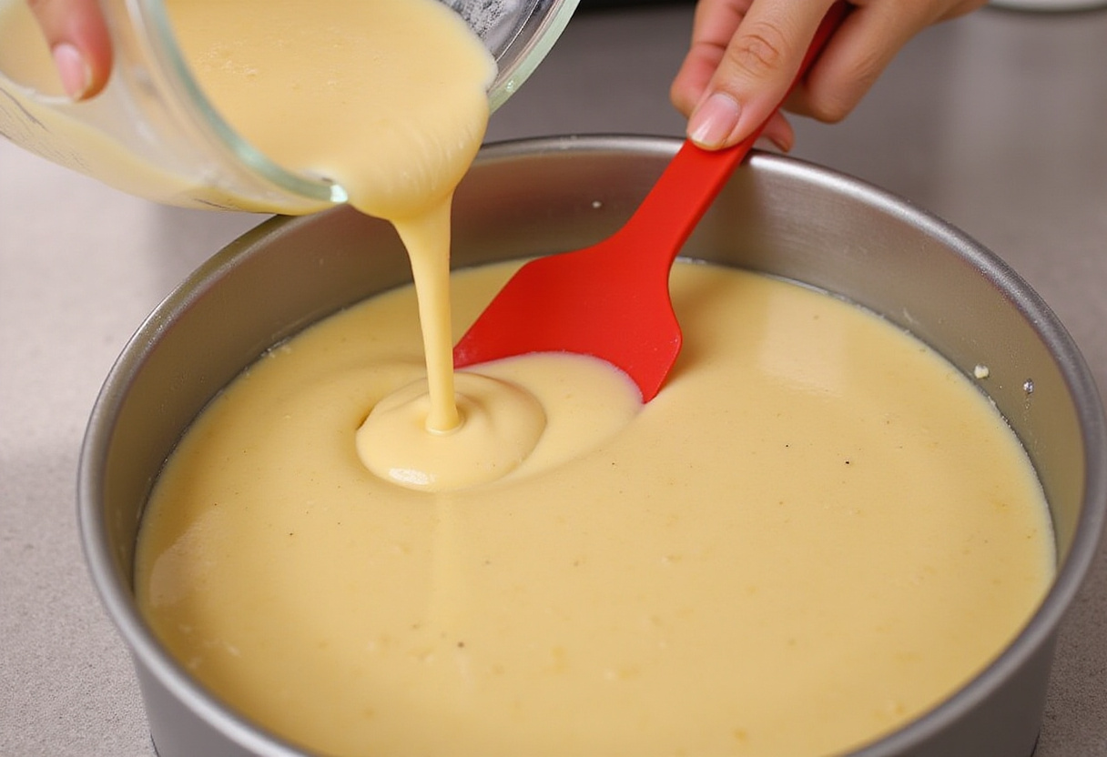 Pâte à gâteau aux noix versée dans un moule graissé.