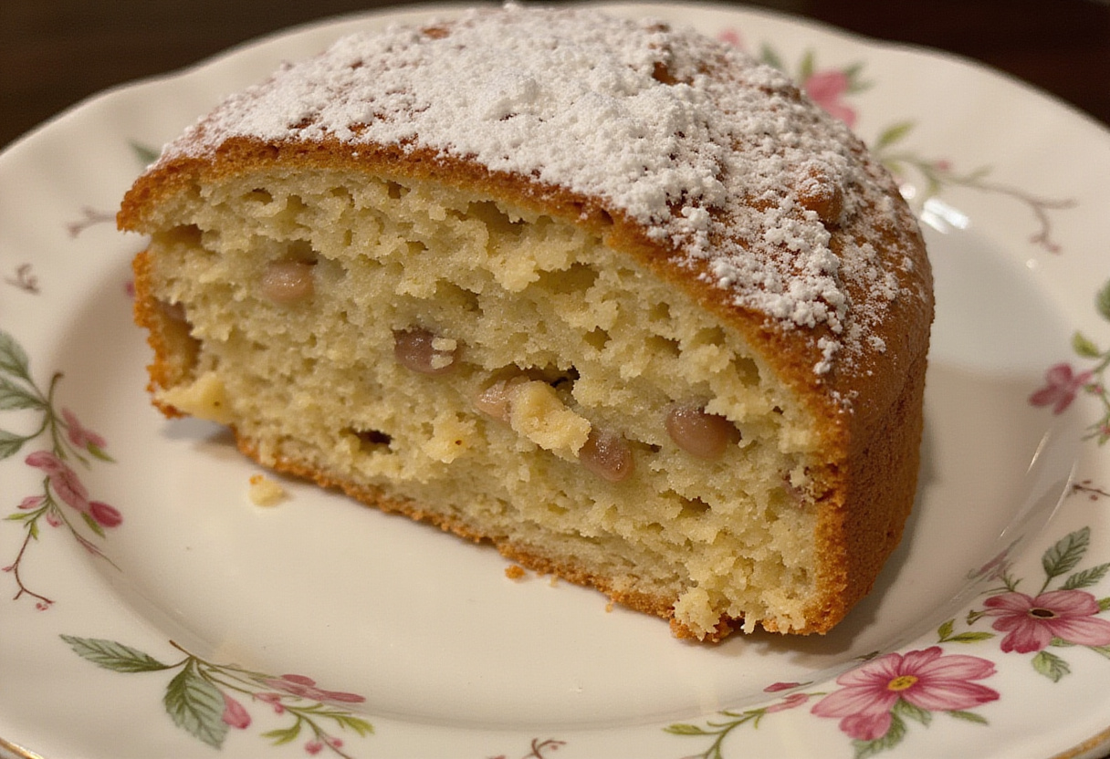 Finished Gâteau Aux Noix with a sprinkle of powdered sugar, ideal for serving at home.