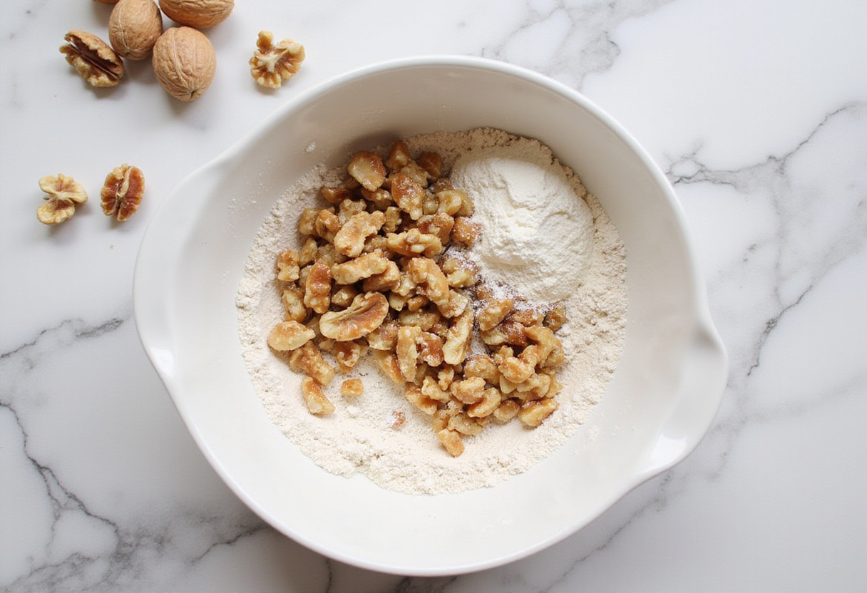 Preparation of chopped walnuts and flour for homemade Gâteau Aux Noix.