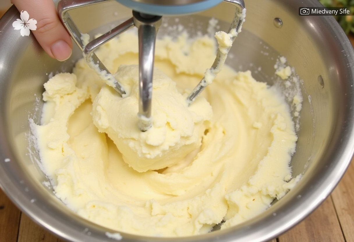 Whipped butter and sugar mixture for Gâteau Aux Noix, a homemade walnut cake.