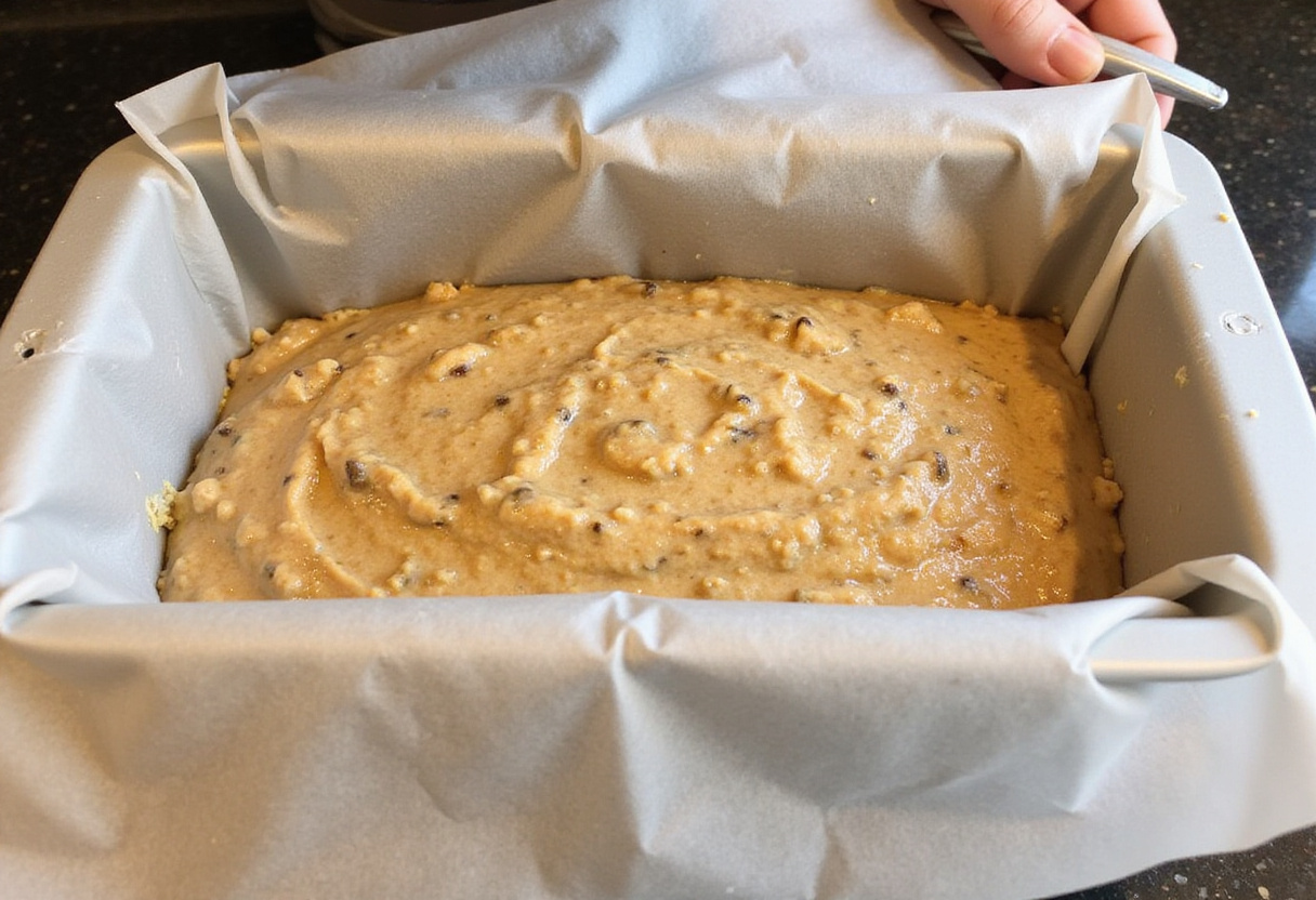 Loaf pan lined with parchment paper and filled with Gâteau Aux Noix batter, ready for baking.