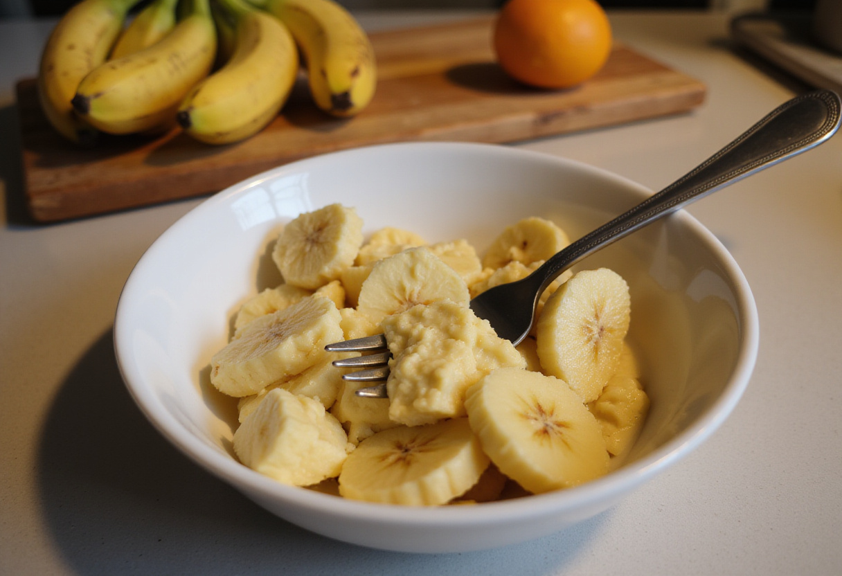 Mashed ripe bananas prepared for making Gâteau Banane Chocolat.