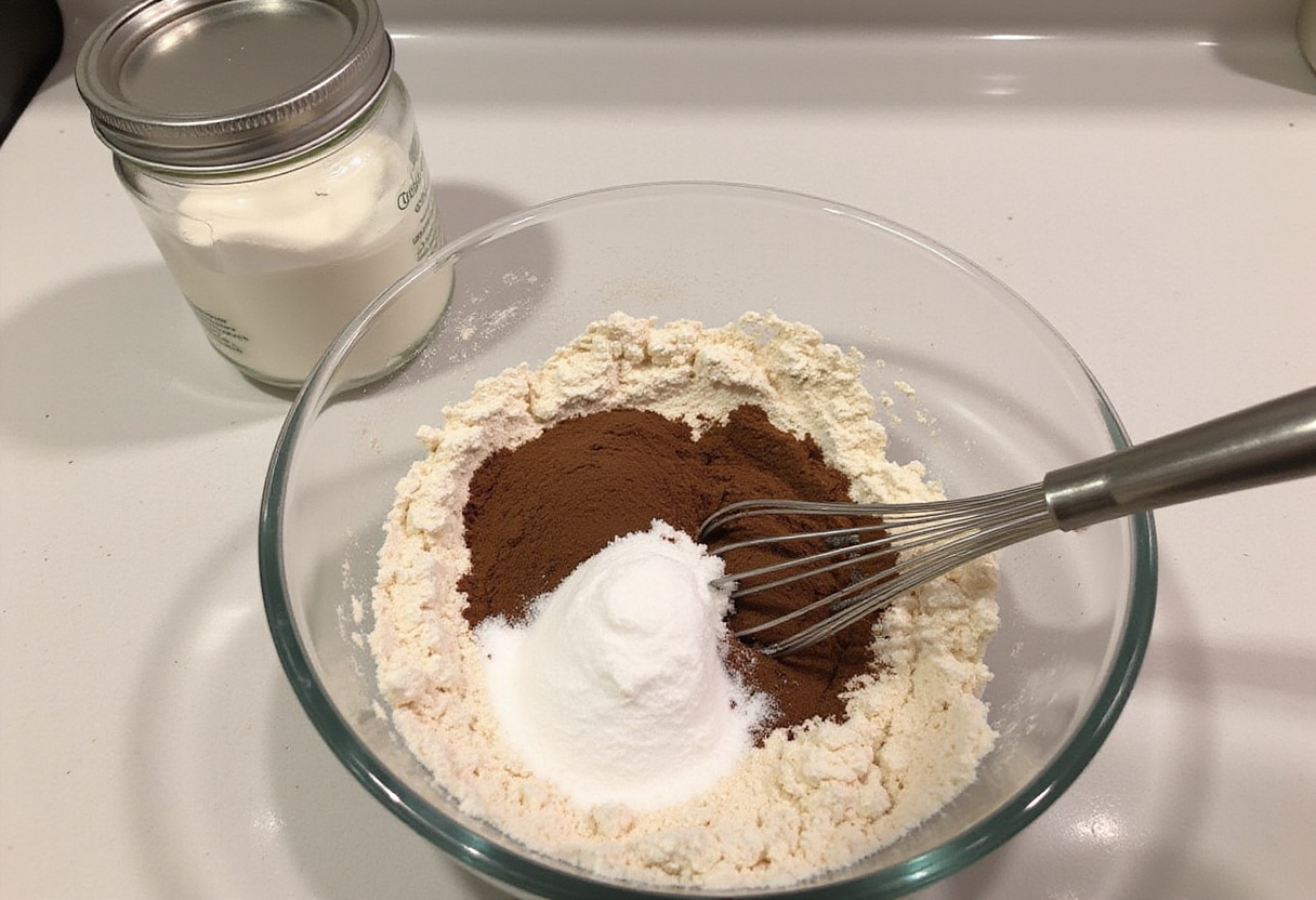 Dry ingredients being mixed for Gâteau Banane Chocolat cake preparation.