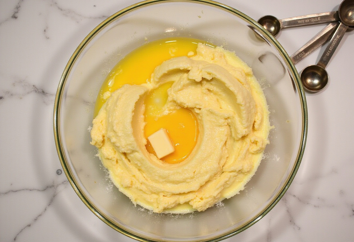 Wet ingredients being combined for Gâteau Banane Chocolat recipe, showcasing bananas and butter mix.