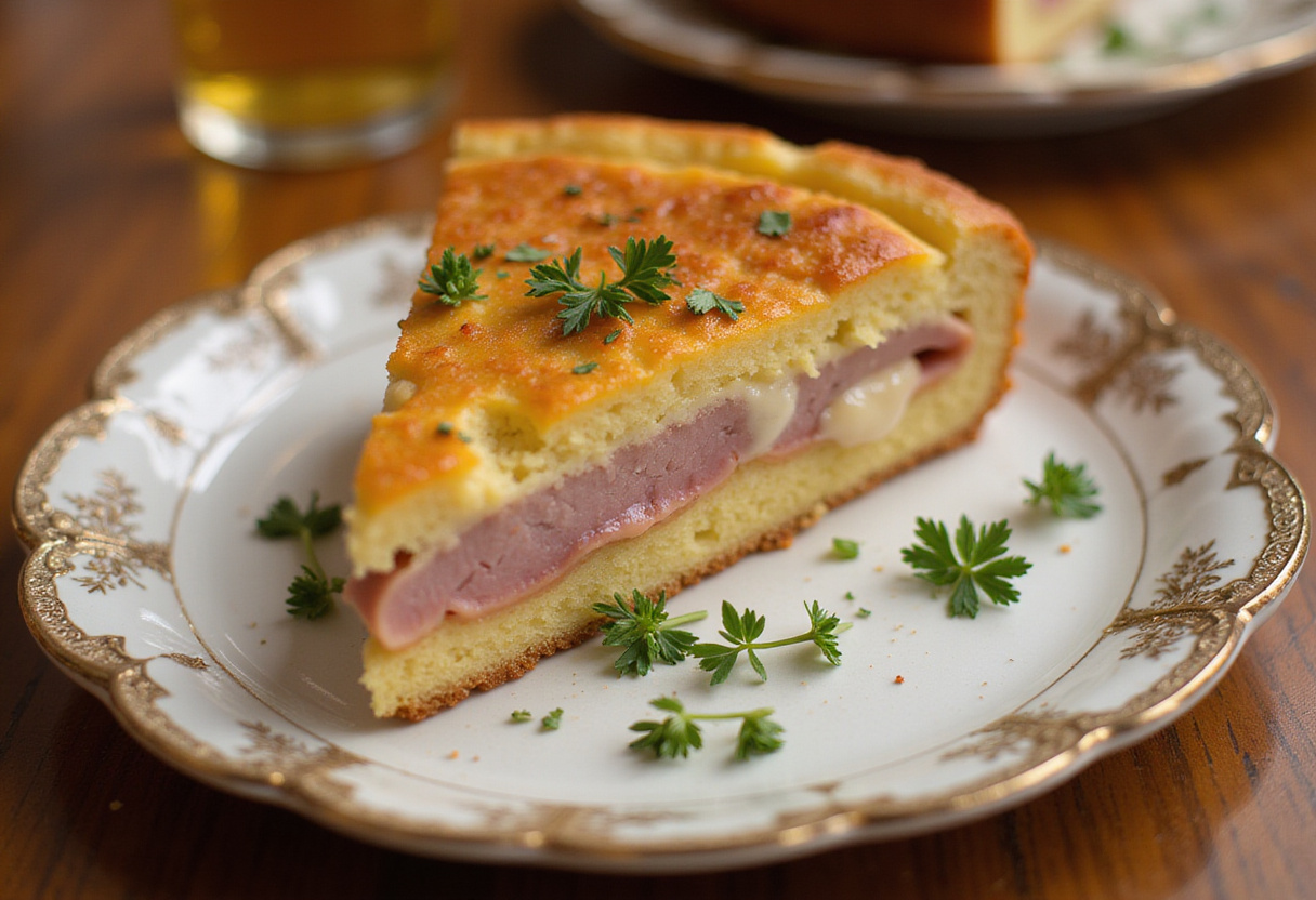 Gâteau jambon fromage parfaitement cuit, servi sur une assiette décorative.