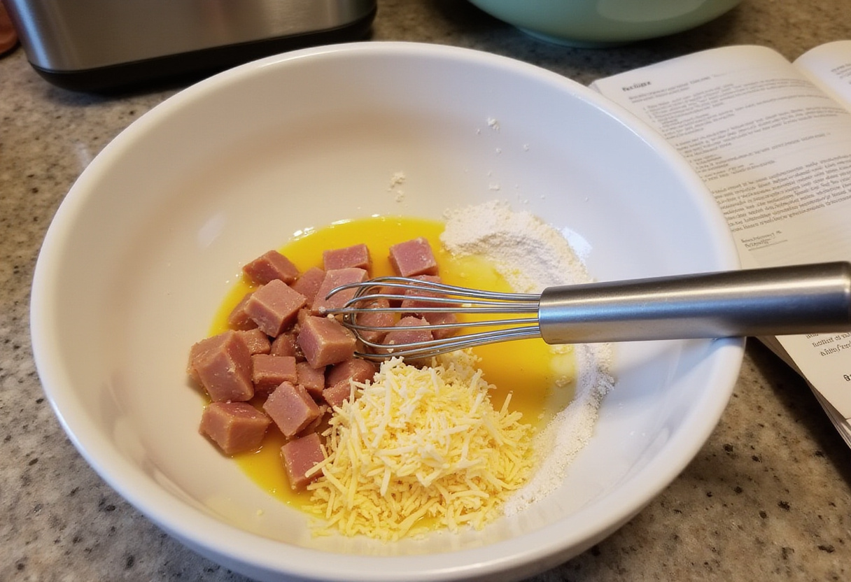 Mélange d'ingrédients pour le gâteau jambon fromage dans un bol de mélange.