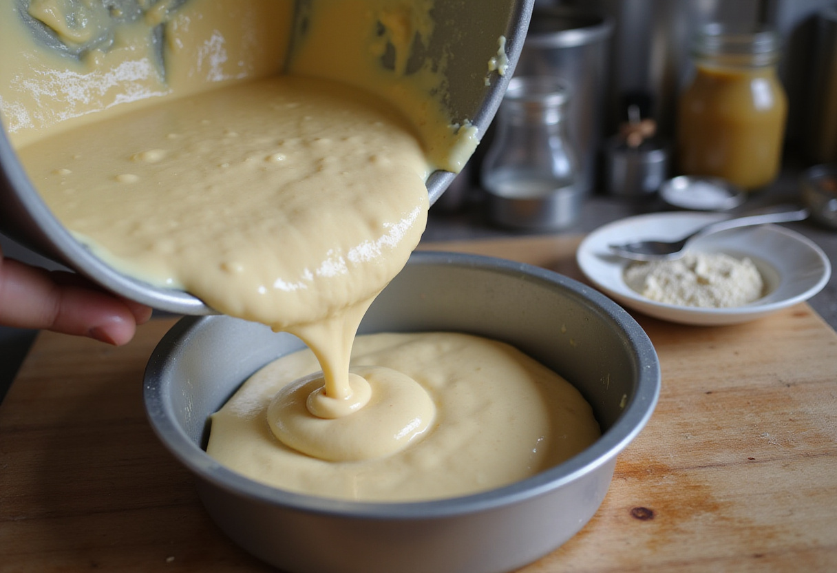 Pâte à gâteau jambon fromage versée dans un moule à gâteau graissé.