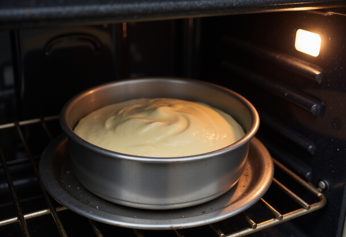 Moule à gâteau jambon fromage inséré dans le four préchauffé.