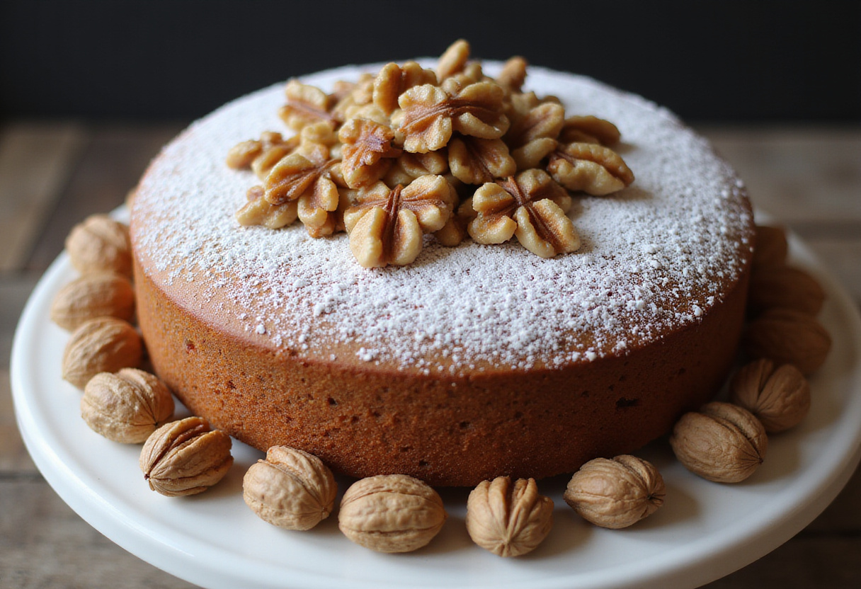 Gâteau aux noix fraîchement cuit, décoré de sucre glace et entouré de noix entières.