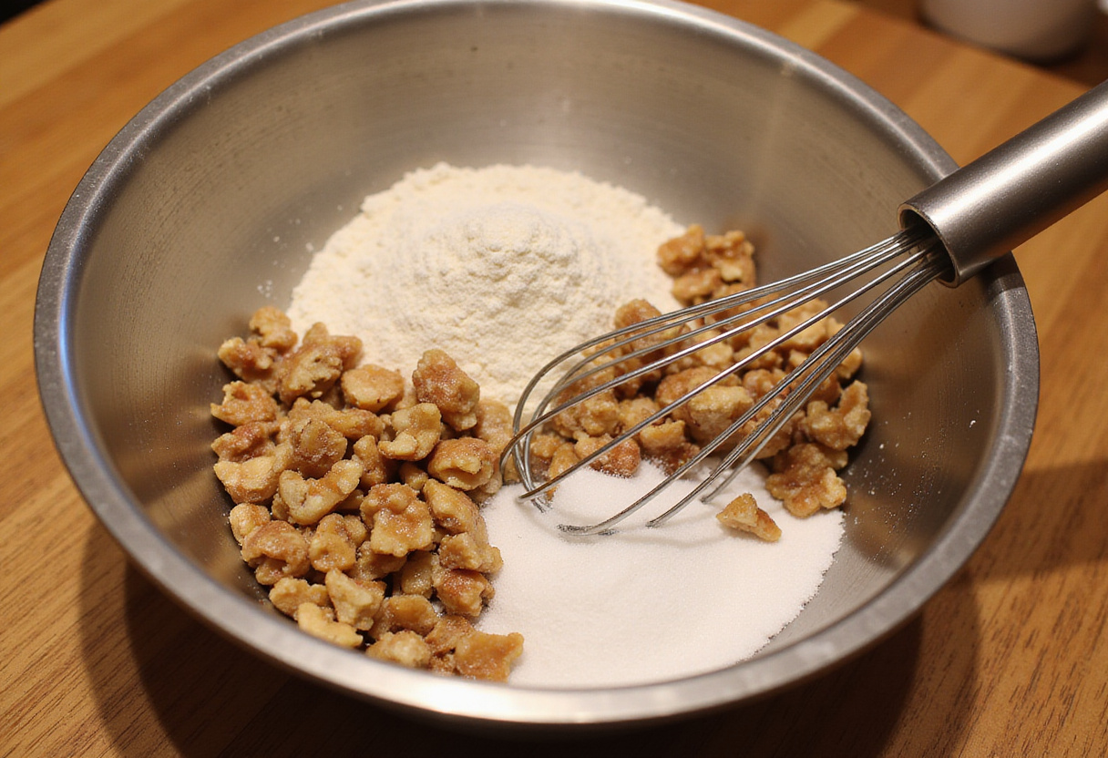 Ingrédients pour gâteau aux noix, incluant des noix hachées, de la farine et du sucre.