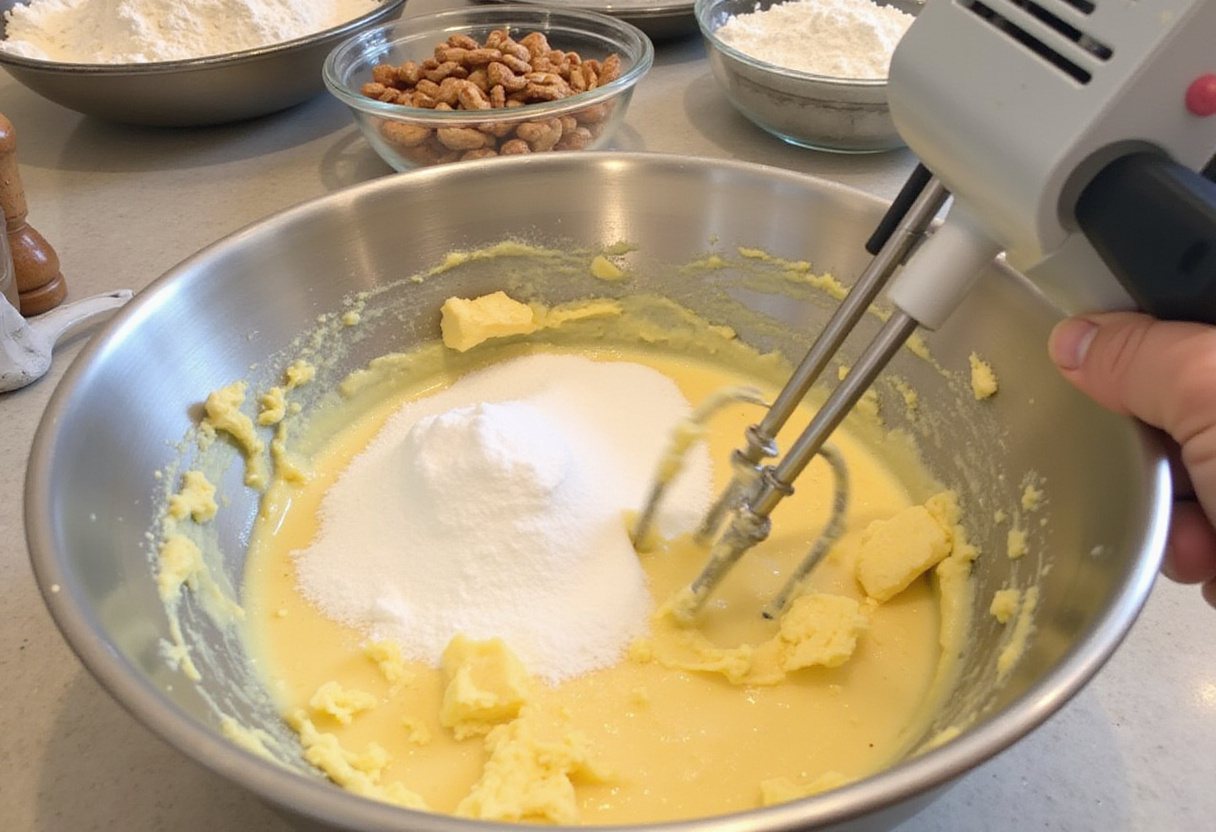 Mélange crémeux de beurre et de sucre pour gâteau aux noix, préparé avec un batteur électrique.