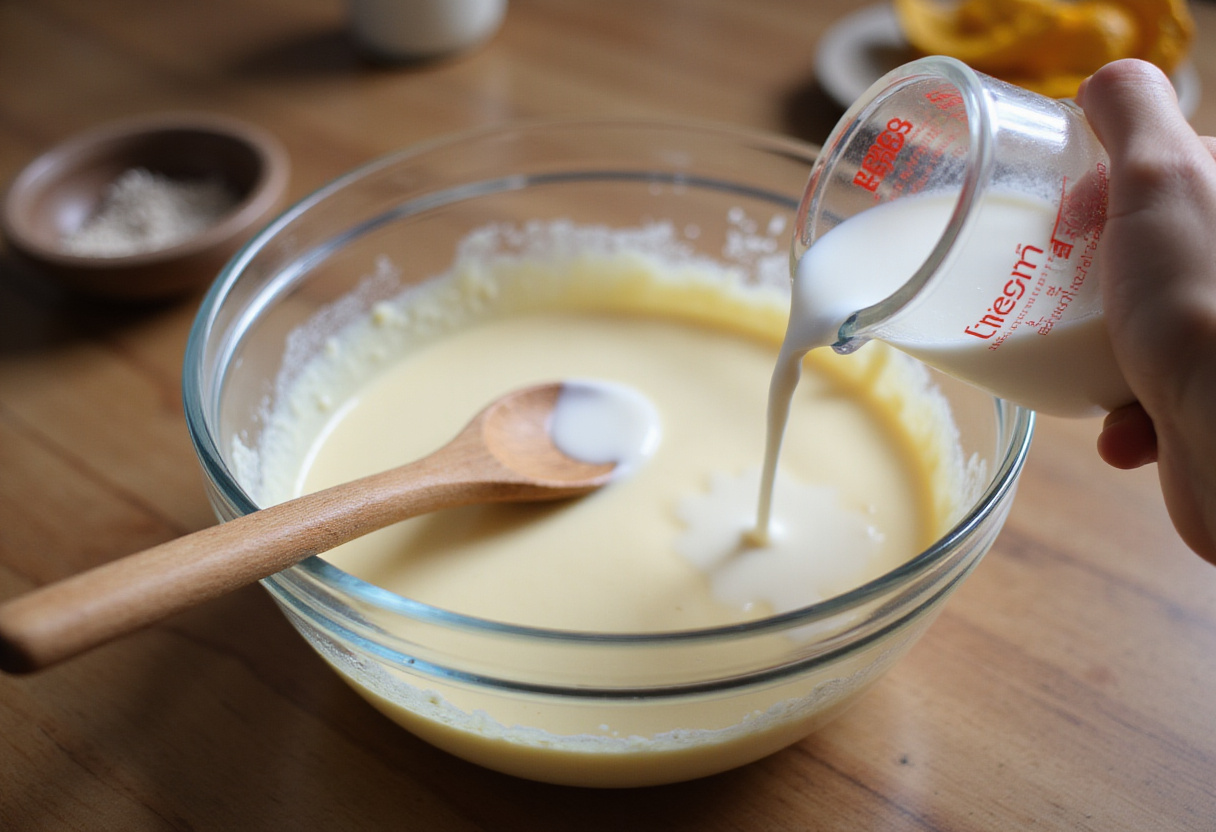 Ajout de lait à la préparation pour gâteau aux noix dans un grand bol de mélange.