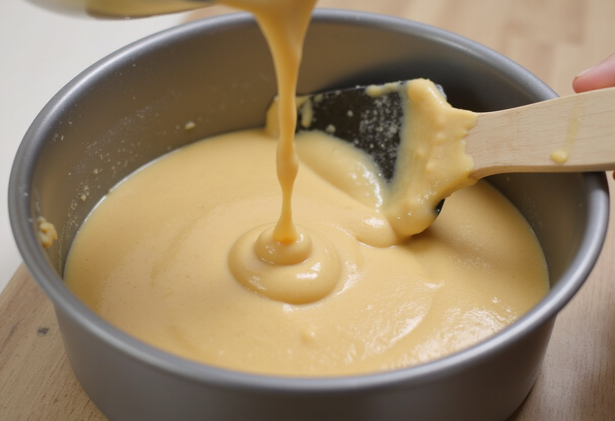 Pâte à gâteau aux noix versée dans un moule à gâteau graissé, prête à cuire.