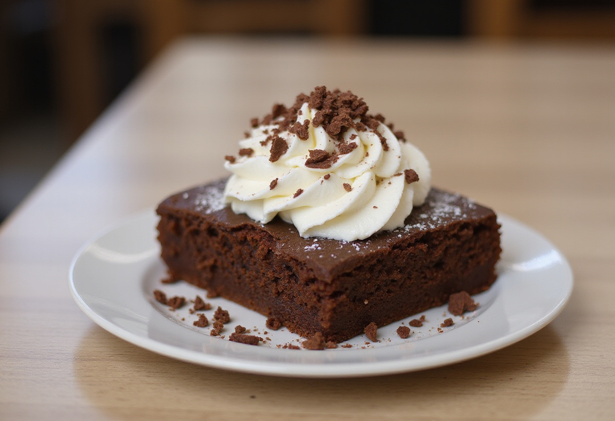 Delicious slice of chocolate banana cake with whipped cream, perfect for dessert.