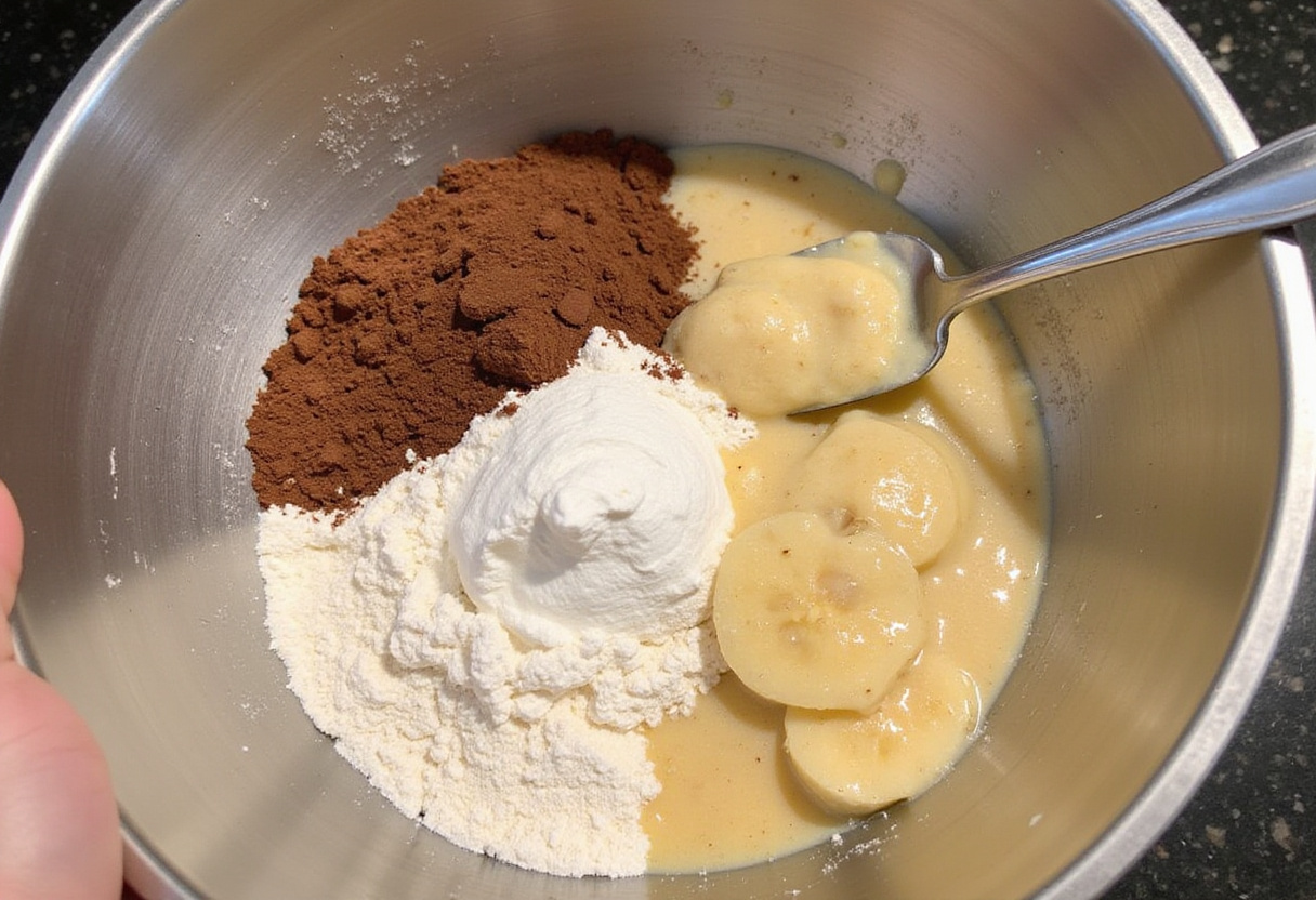 Combining ingredients for chocolate banana cake in a mixing bowl.