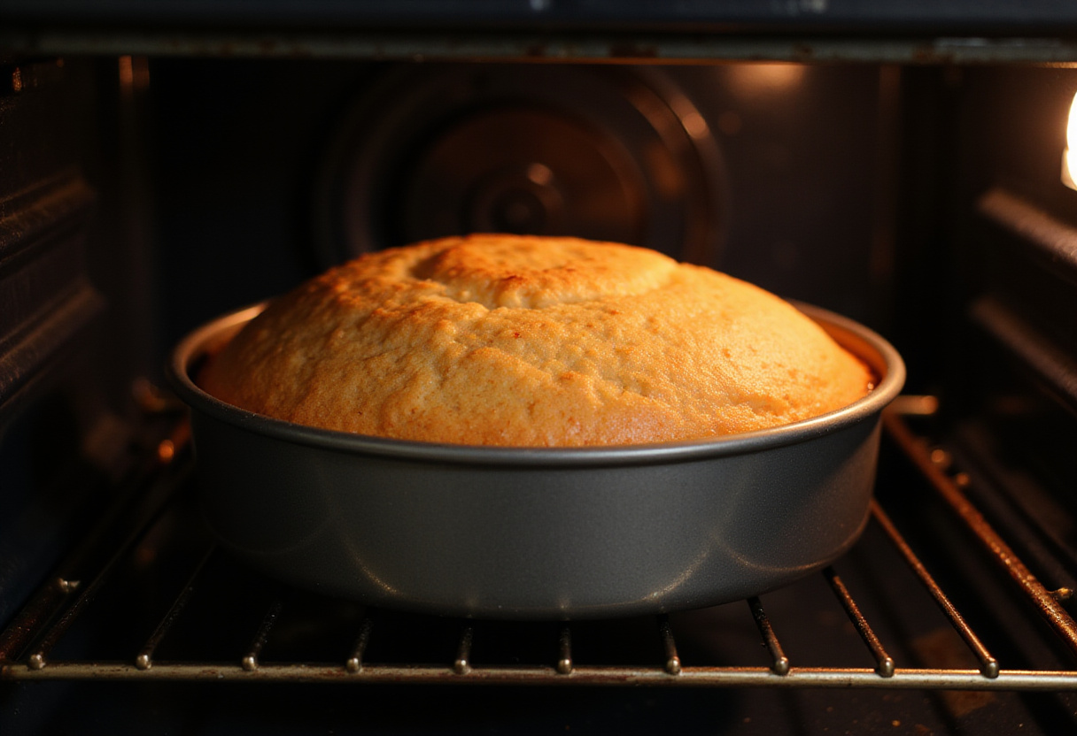 Chocolate banana cake baking in the oven, rising beautifully.