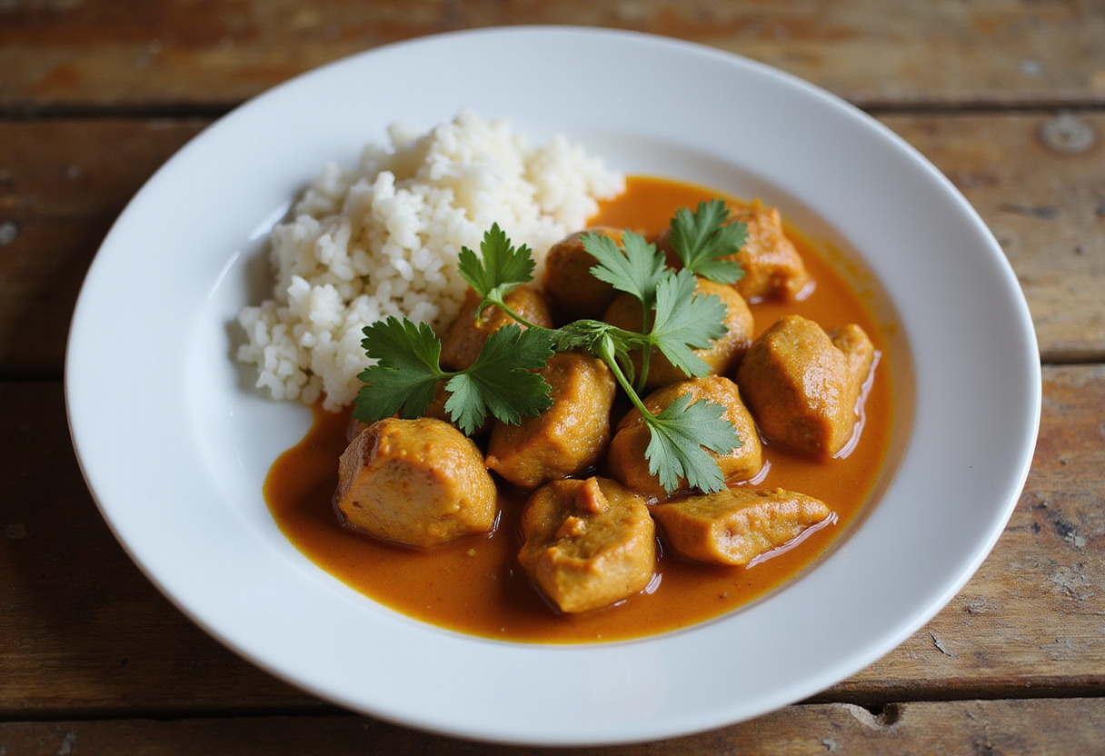 Delicious Poulet Curry Coco served with rice, perfect for a cozy meal.