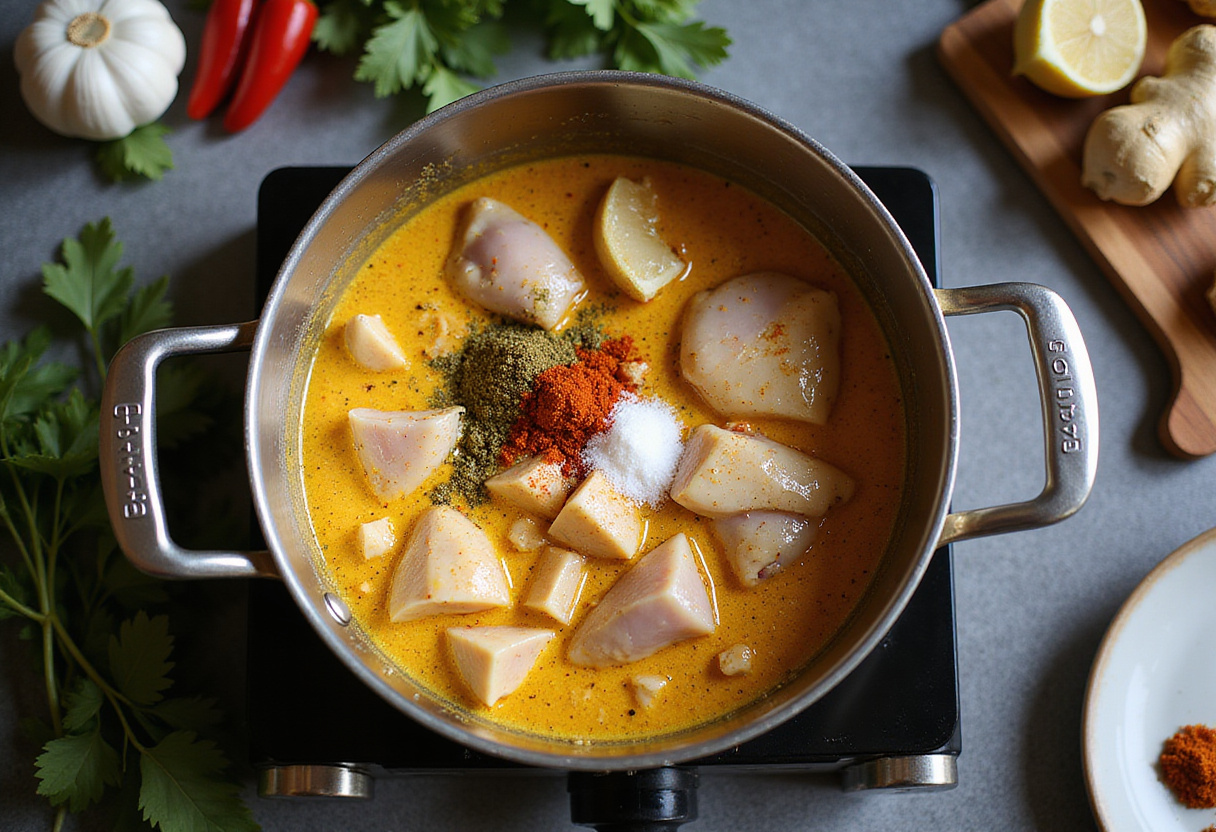Marinating chicken in coconut milk and spices for Poulet Curry Coco preparation.