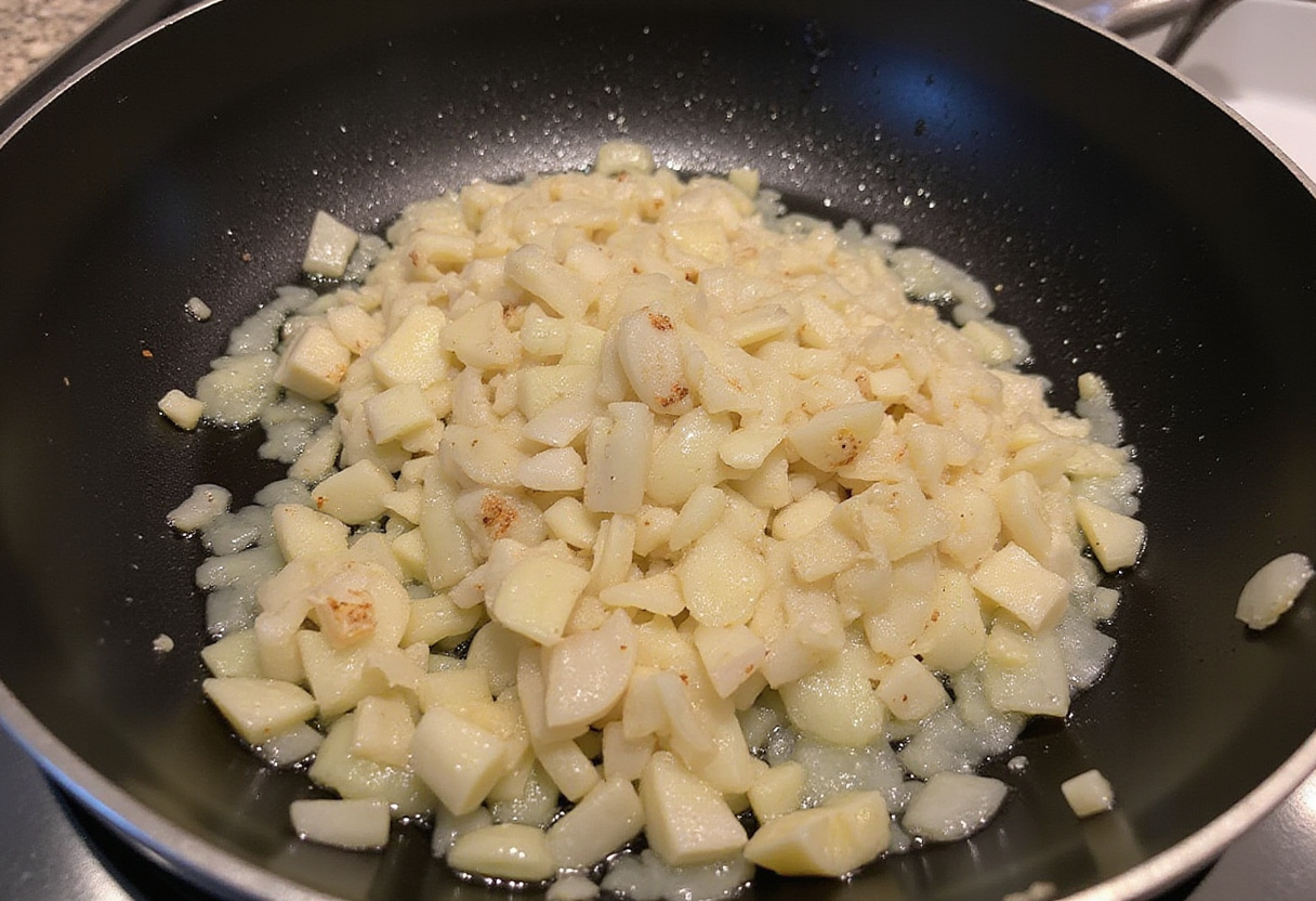 Sautéing onions and garlic for Poulet Curry Coco to enhance flavors.