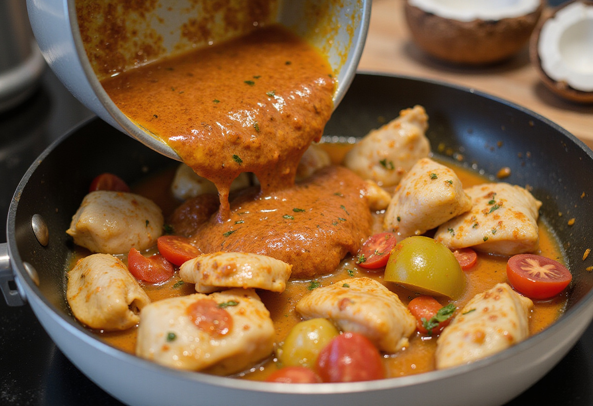 Adding marinated chicken to the skillet for cooking Poulet Curry Coco.