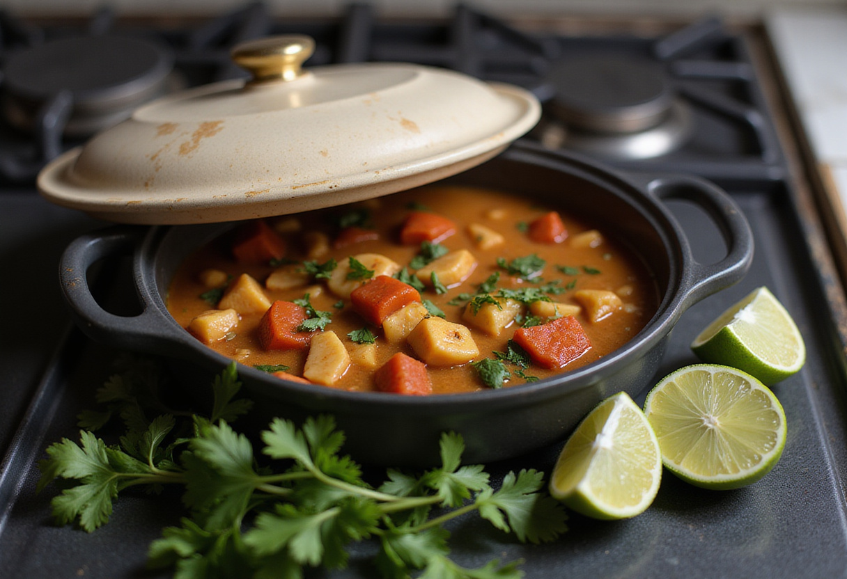 Cooking Poulet Curry Coco in a covered pot, ready to serve with fresh garnishes.