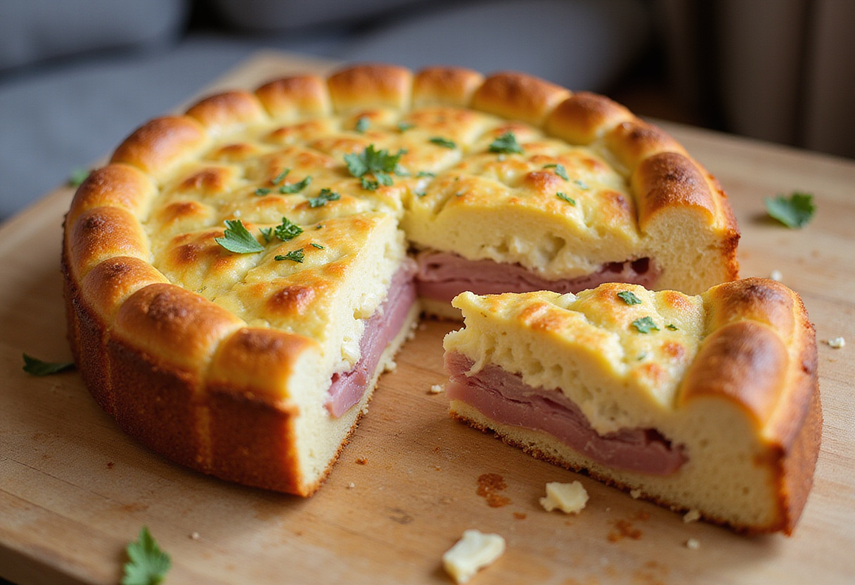 Cake jambon fromage parfaitement cuit, tranché et prêt à être servi.