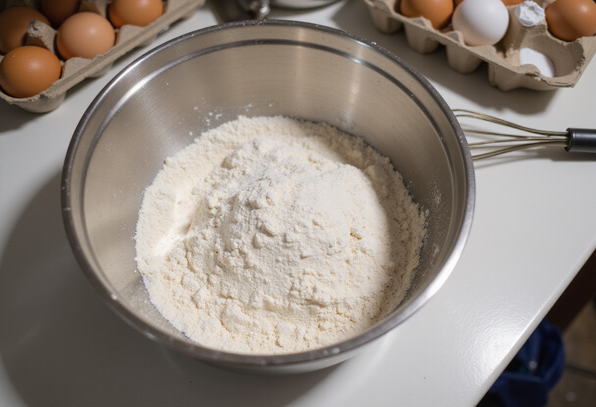 Ingrédients secs pour un cake jambon fromage, préparés pour la recette.