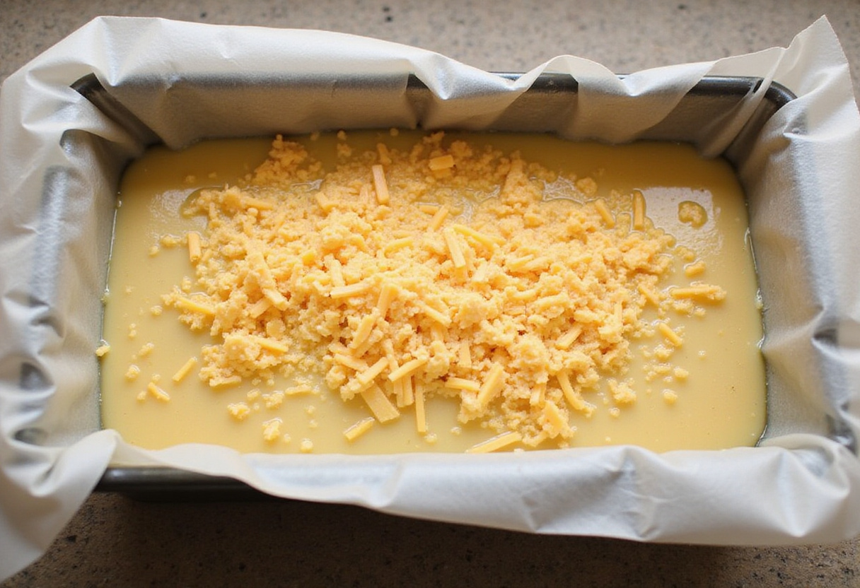 Pâte versée dans un moule à cake, prête à être cuite pour un cake jambon fromage.