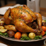 Poulet rôti doré avec des légumes, parfait pour une recette de poulet au four.