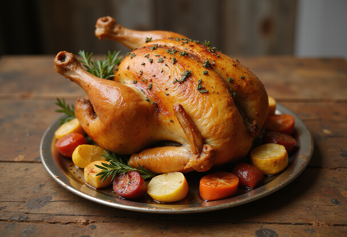 Poulet rôti doré avec des légumes, parfait pour une recette de poulet au four.